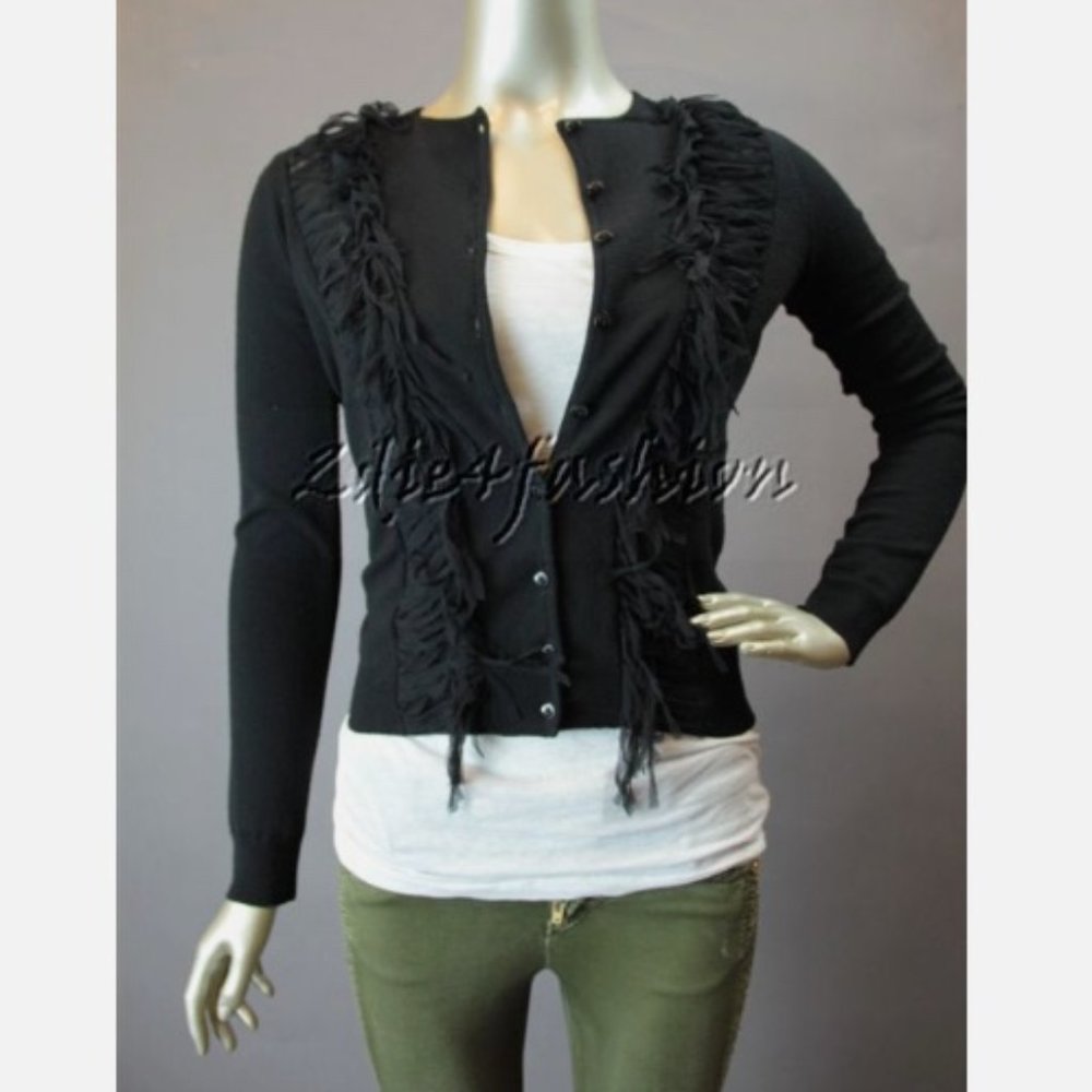 $1525 New BLUMARINE Black Raw Ribbon Fringe Applique Cardigan Wool Sweater 6